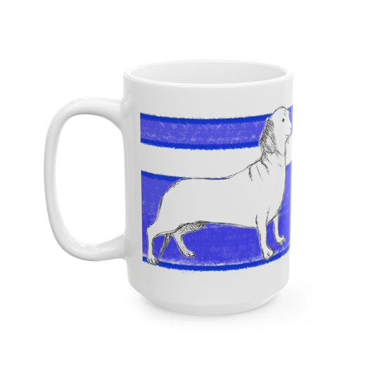 Mega Stripe Dogi Butterfly Flutter Ceramic Mug, (11oz, 15oz), Ultramarine Dachshund