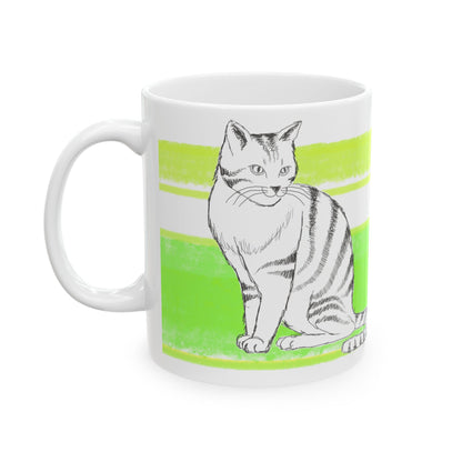 Mega Stripe Kitty Butterfly Flutter Ceramic Mug Yellow Green