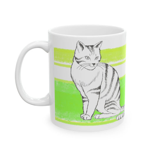 Mega Stripe Kitty Butterfly Flutter Ceramic Mug Yellow Green