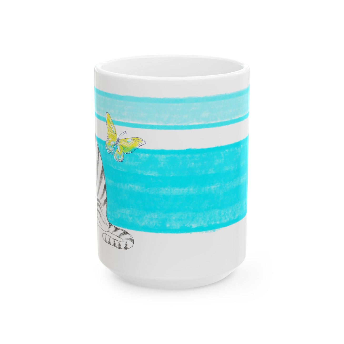 Mega Stripe Kitty Butterfly Flutter Ceramic Mug Aqua