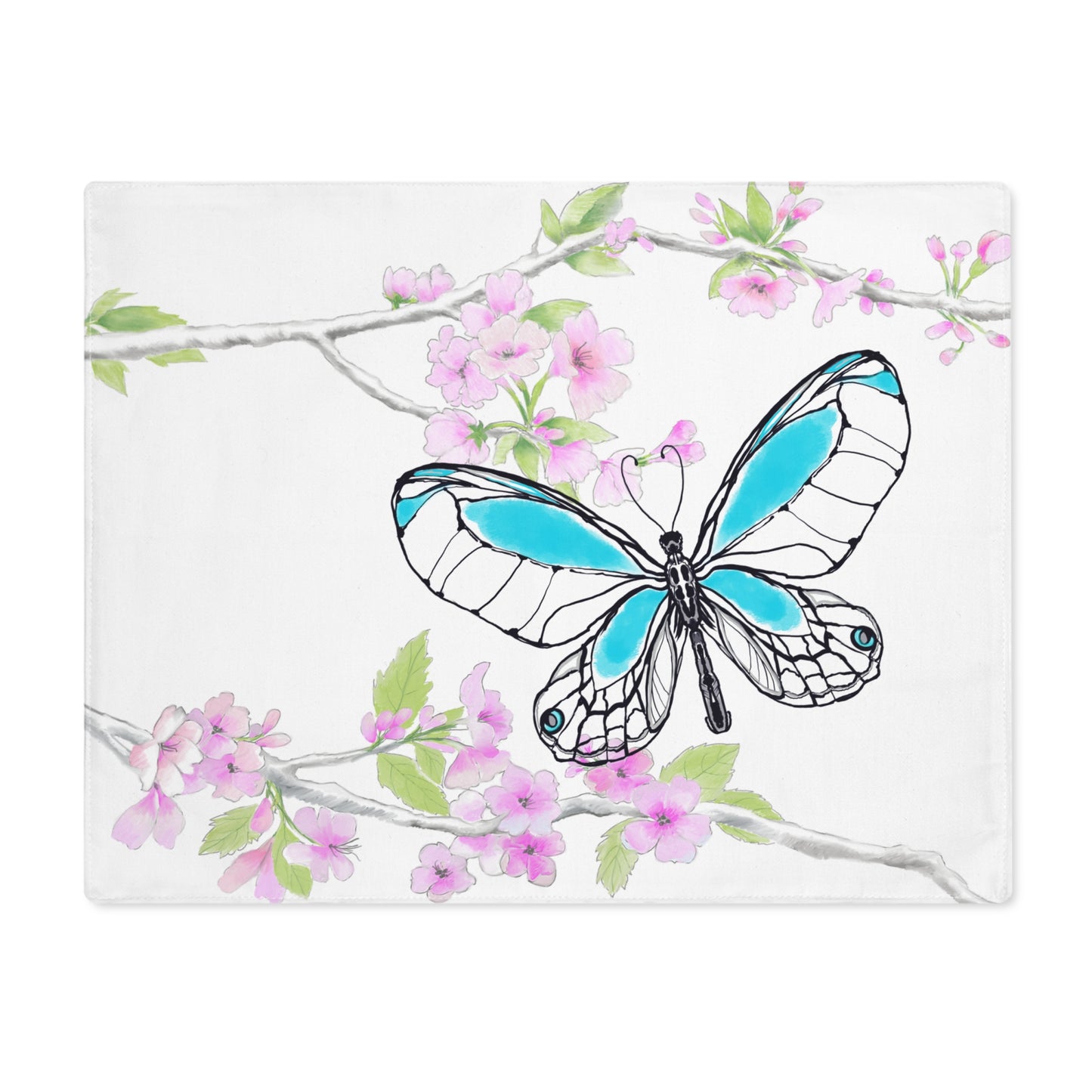 Butterfly Blossom Romp Cotton Twill Placemat, 1pc Aqua #2 Right side of table