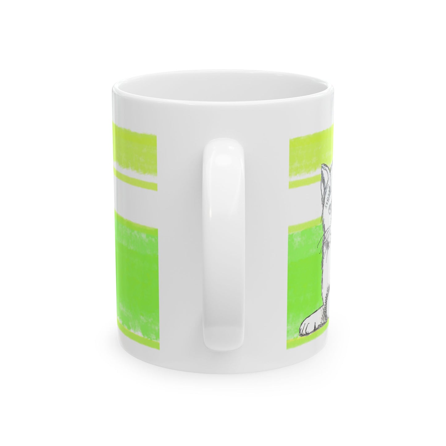 Mega Stripe Kitty Butterfly Flutter Ceramic Mug Yellow Green