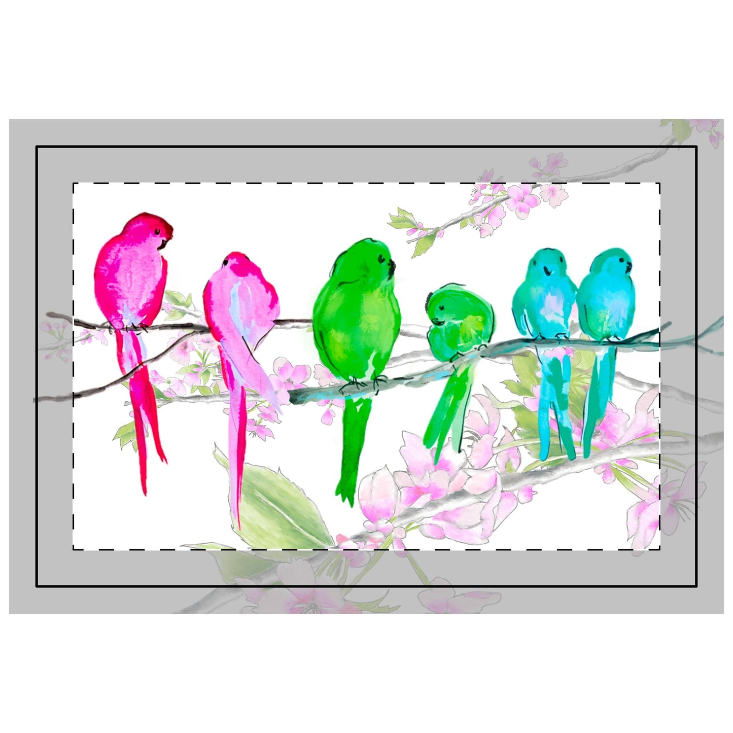 Blossoms & Birds in Pink, Aqua, Green ,Quilted Placemat, Poly , Background Bright White, # 3, Right Side