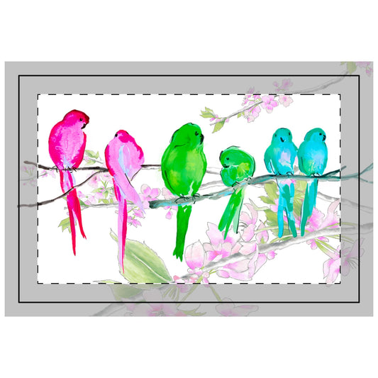 Blossoms & Birds in Pink, Aqua, Green ,Quilted Placemat, Poly , Background Bright White, # 3, Right Side
