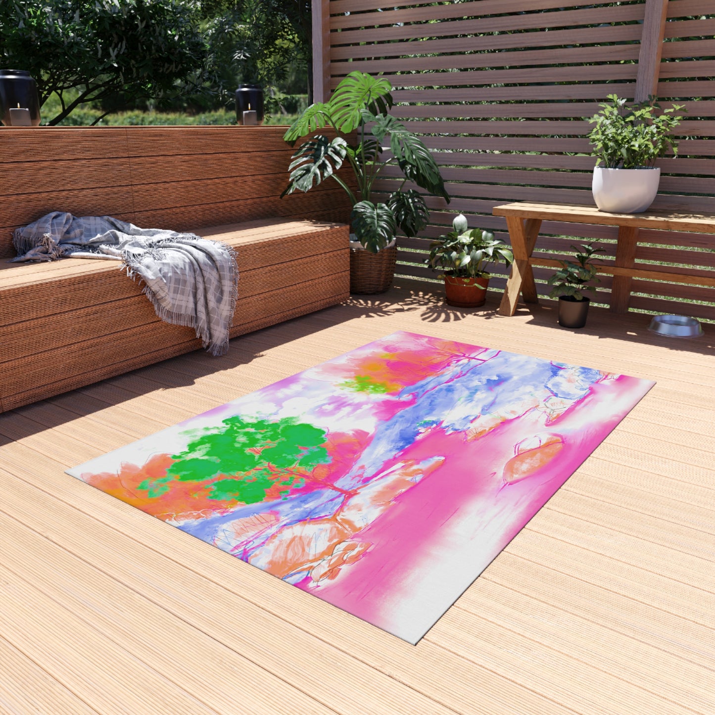 Joyful Landscapes Indoor/Outdoor Rug, Raspberry, Blue and Green, Non-Slip