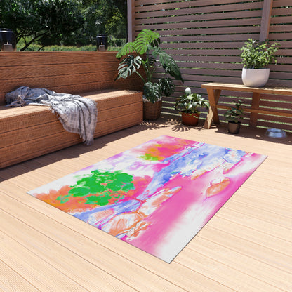 Joyful Landscapes Indoor/Outdoor Rug, Raspberry, Blue and Green, Non-Slip