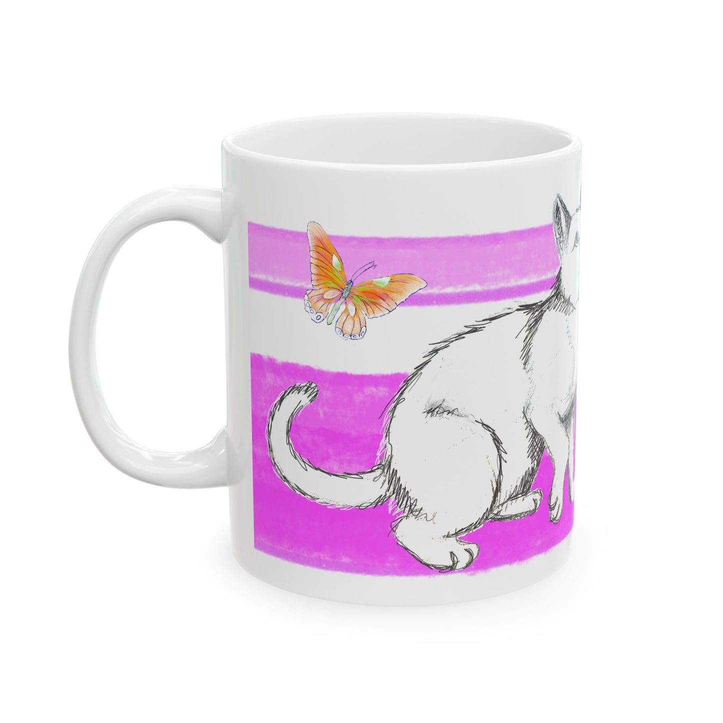 Mega Stripe Kitty Butterfly Flutter Ceramic Mug Purplish Pink