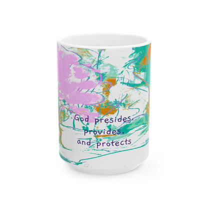Inspirational Landscapes Ceramic Mug in Blue-Green and Lilac,"God presides, provides, and protects",  11oz