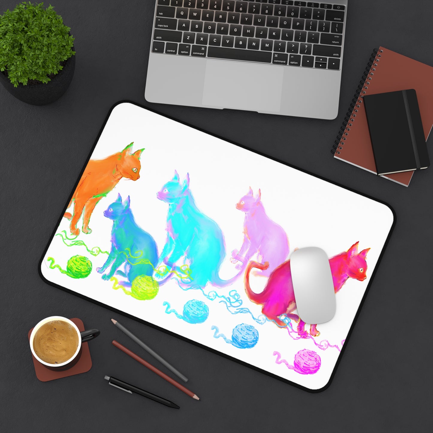 Colorful Cat Desk Mat in Fuchsia, Orange, Aqua and Purple