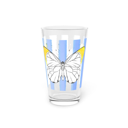 Butterfly Chroma Pint Glass in Yellow with Periwinkle Stripes, 16oz