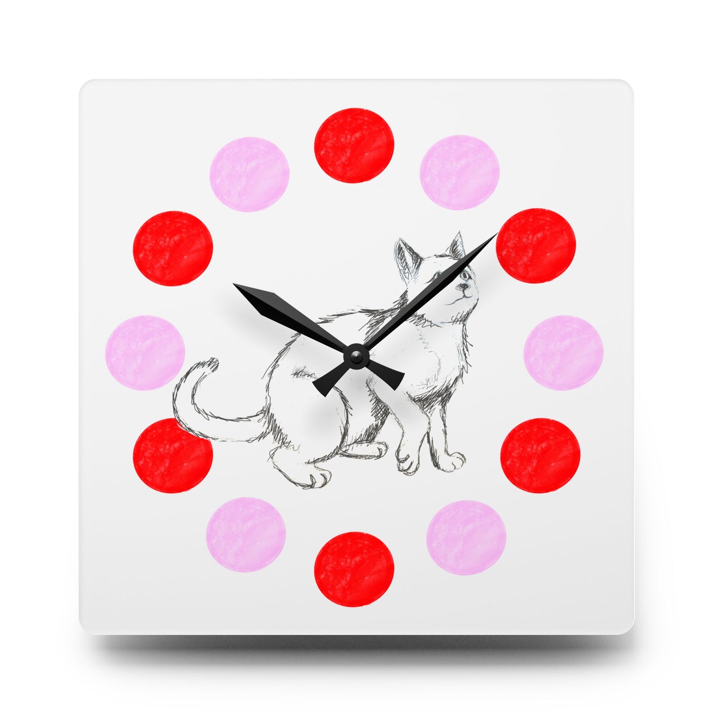 Kitty Fun, Acrylic Wall Clock, Pink and Red polka dots