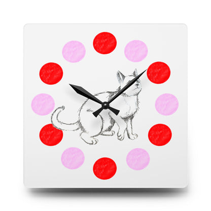 Kitty Fun, Acrylic Wall Clock, Pink and Red polka dots