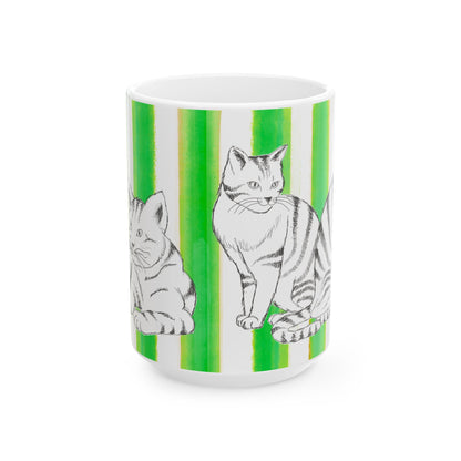 Kitty Fun Mug with Dark Green Stripes