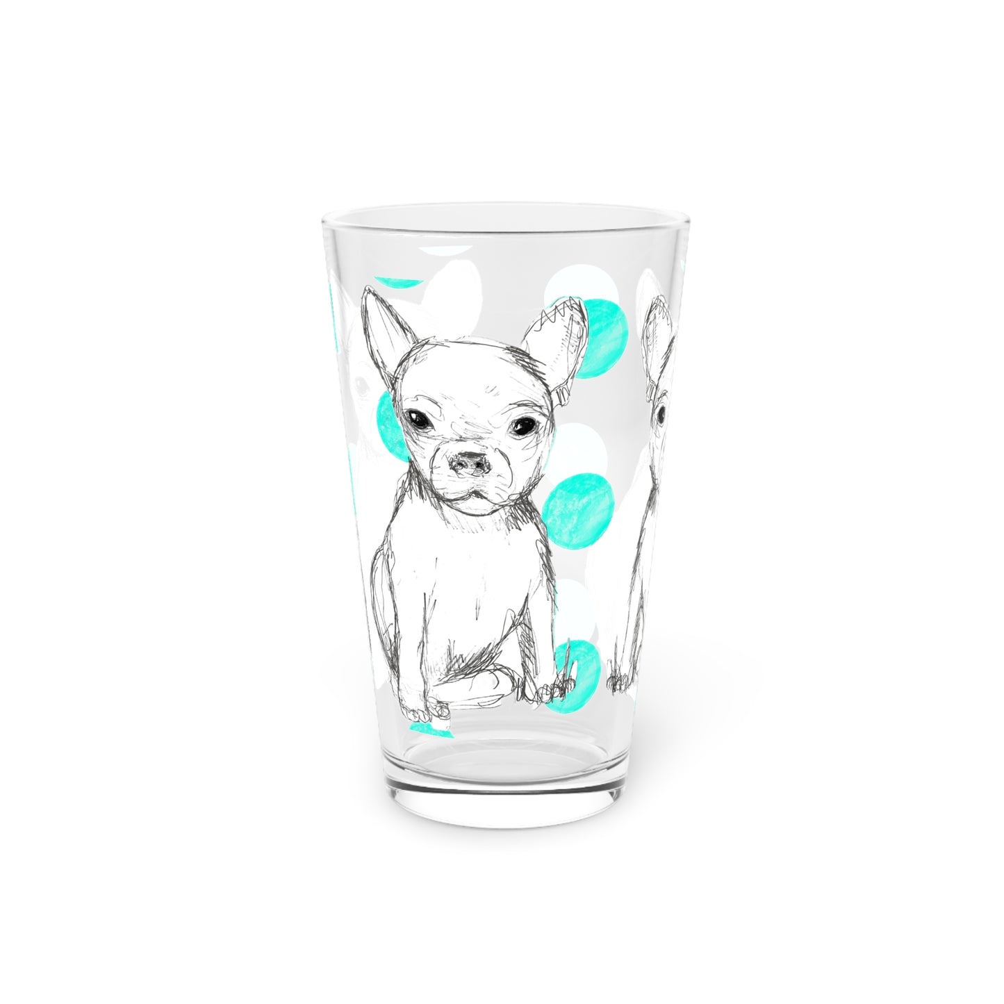 Dogi Fun and Polka Dots Pint Glass in Aqua, Chihuahua, 16oz