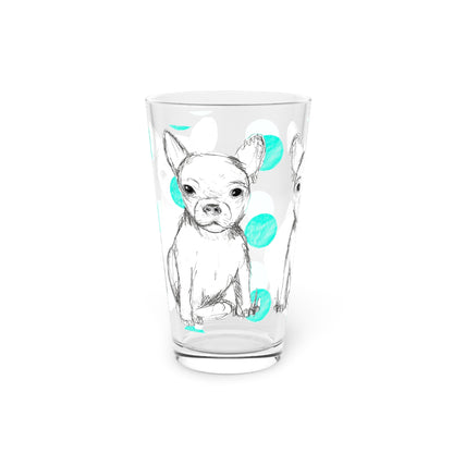 Dogi Fun and Polka Dots Pint Glass in Aqua, Chihuahua, 16oz
