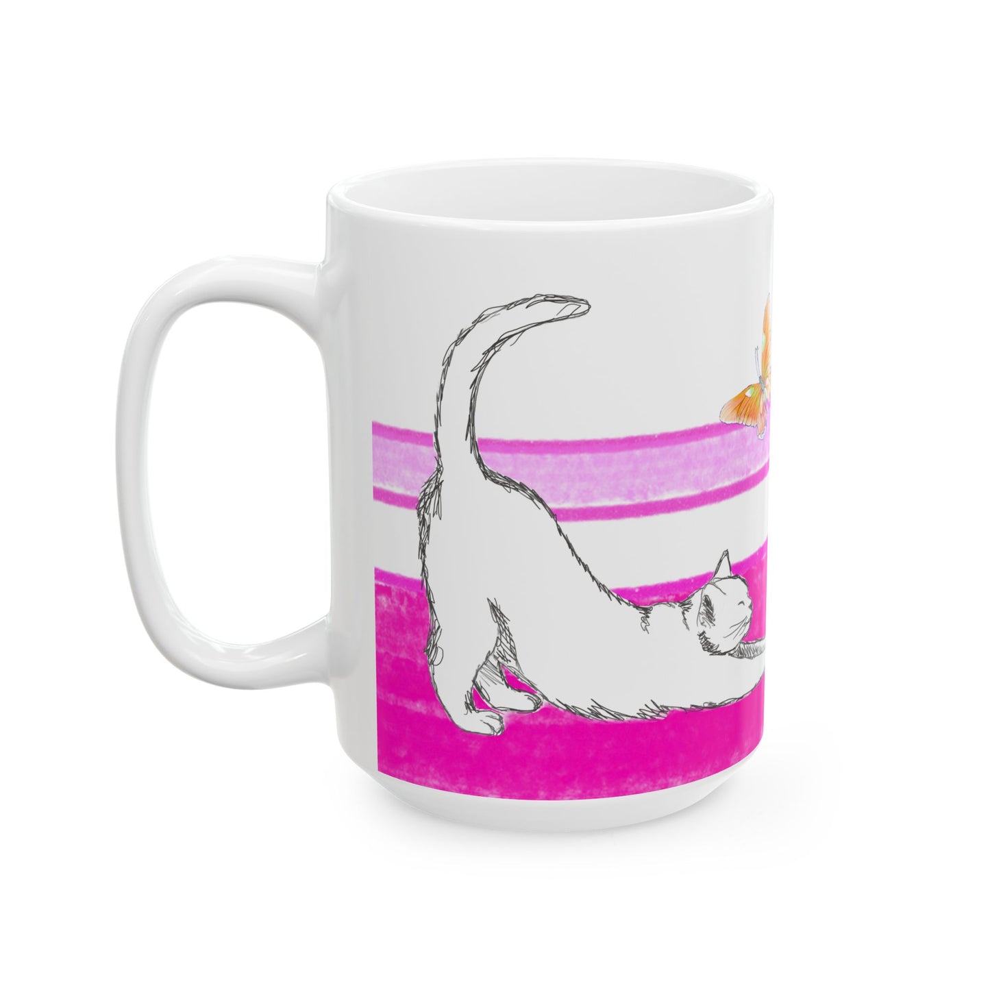 Mega Stripe Kitty Butterfly Flutter Ceramic Mug Raspberry Pink