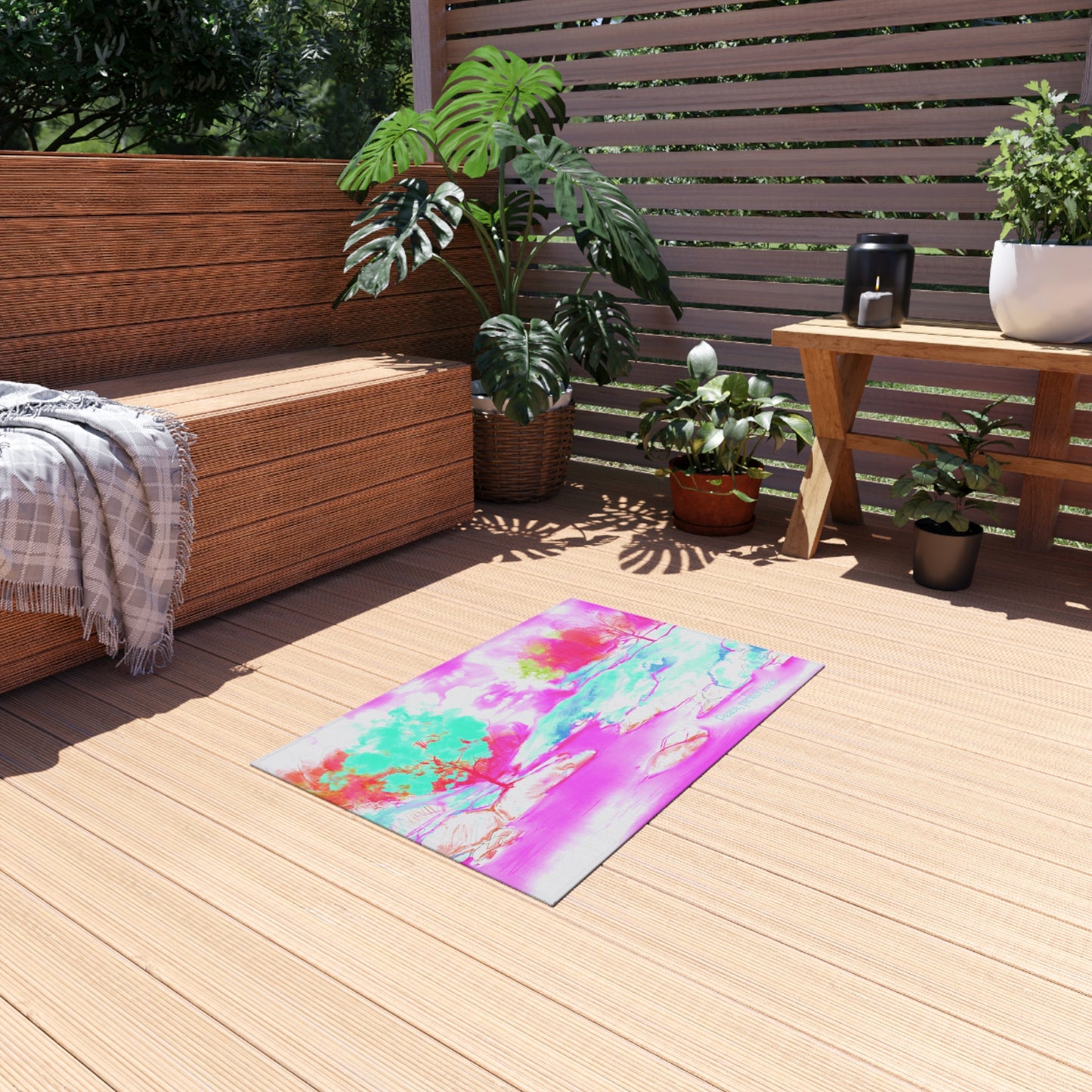 Inspirational Landscapes "Peace perfect peace" Indoor/Outdoor Rug in Raspberry, Aqua, and Pink Non- slip (36" x 24")
