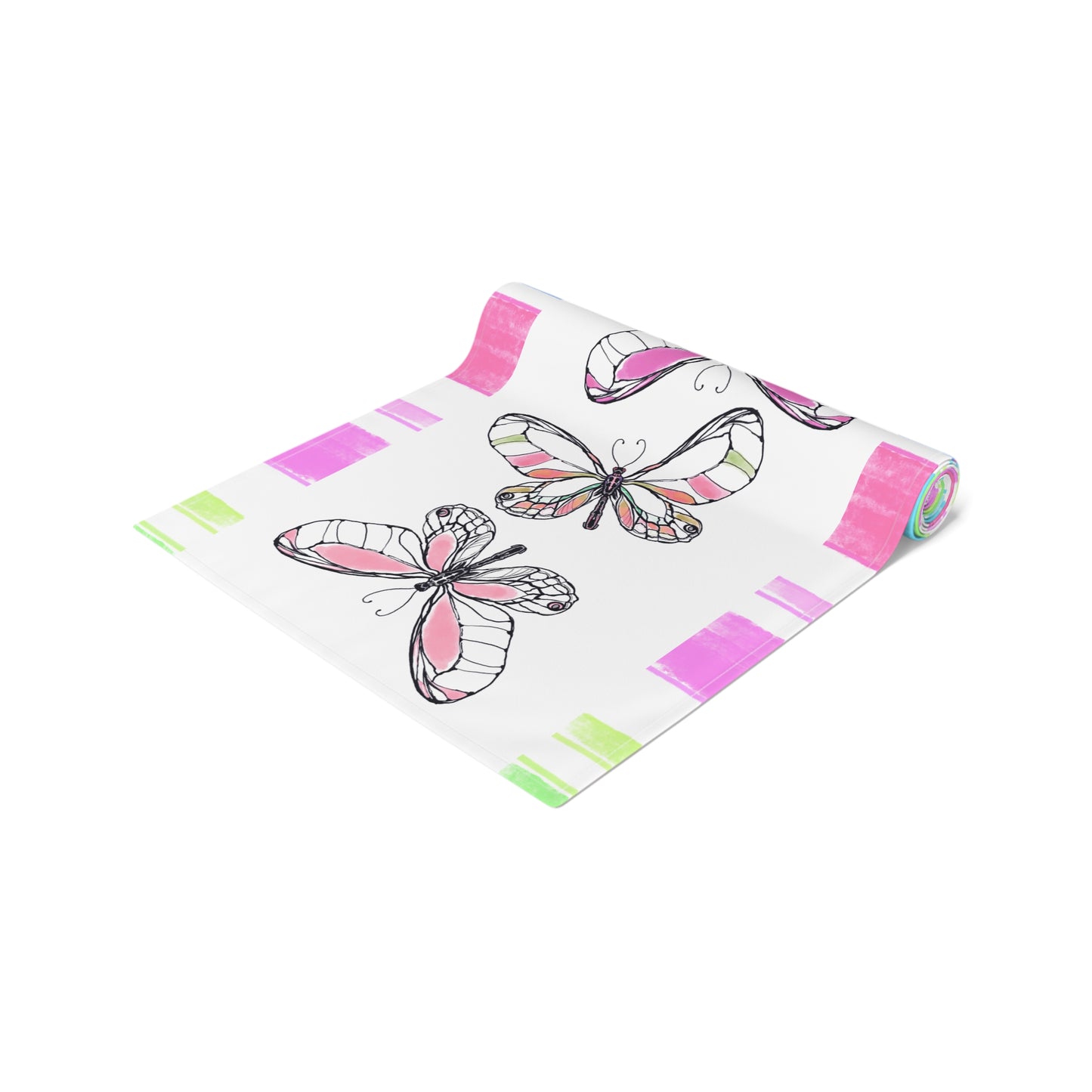 Butterfly Flutterstripe Table Runner in Multi-color With Pink, Blue, Green Border 1 size ( 16" × 72")  (available in Cotton (Creamier) & Polyester (Whiter)