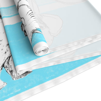 Dogi Butterfly Flutter Table Runner 16" x72" , (Cotton Creamy White Background OR Poly Bright White Background) Aqua and Green