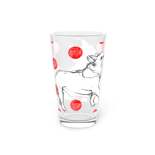 Dogi Fun and Polka Dots Pint Glass in Red, French Bulldog, 16oz