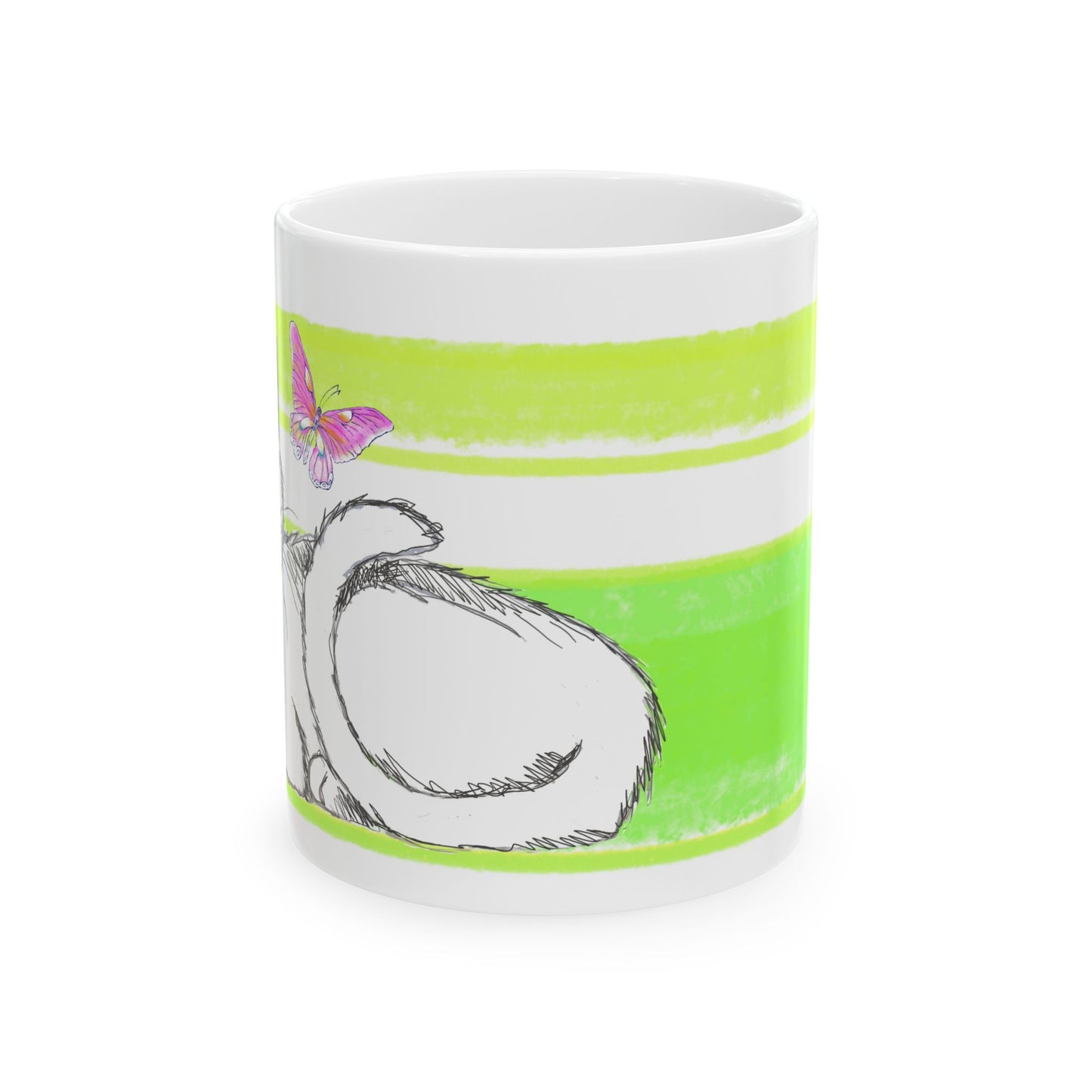 Mega Stripe Kitty Butterfly Flutter Ceramic Mug Yellow Green
