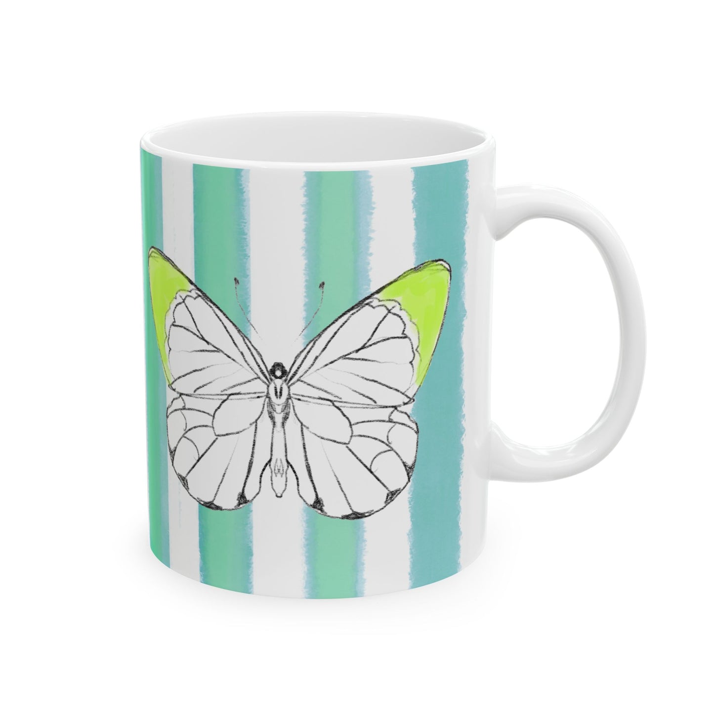 Butterfly Chroma Ceramic Mug in Acid Green with Aqua Green Stripes, 11oz
