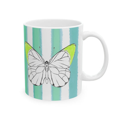 Butterfly Chroma Ceramic Mug in Acid Green with Aqua Green Stripes, 11oz
