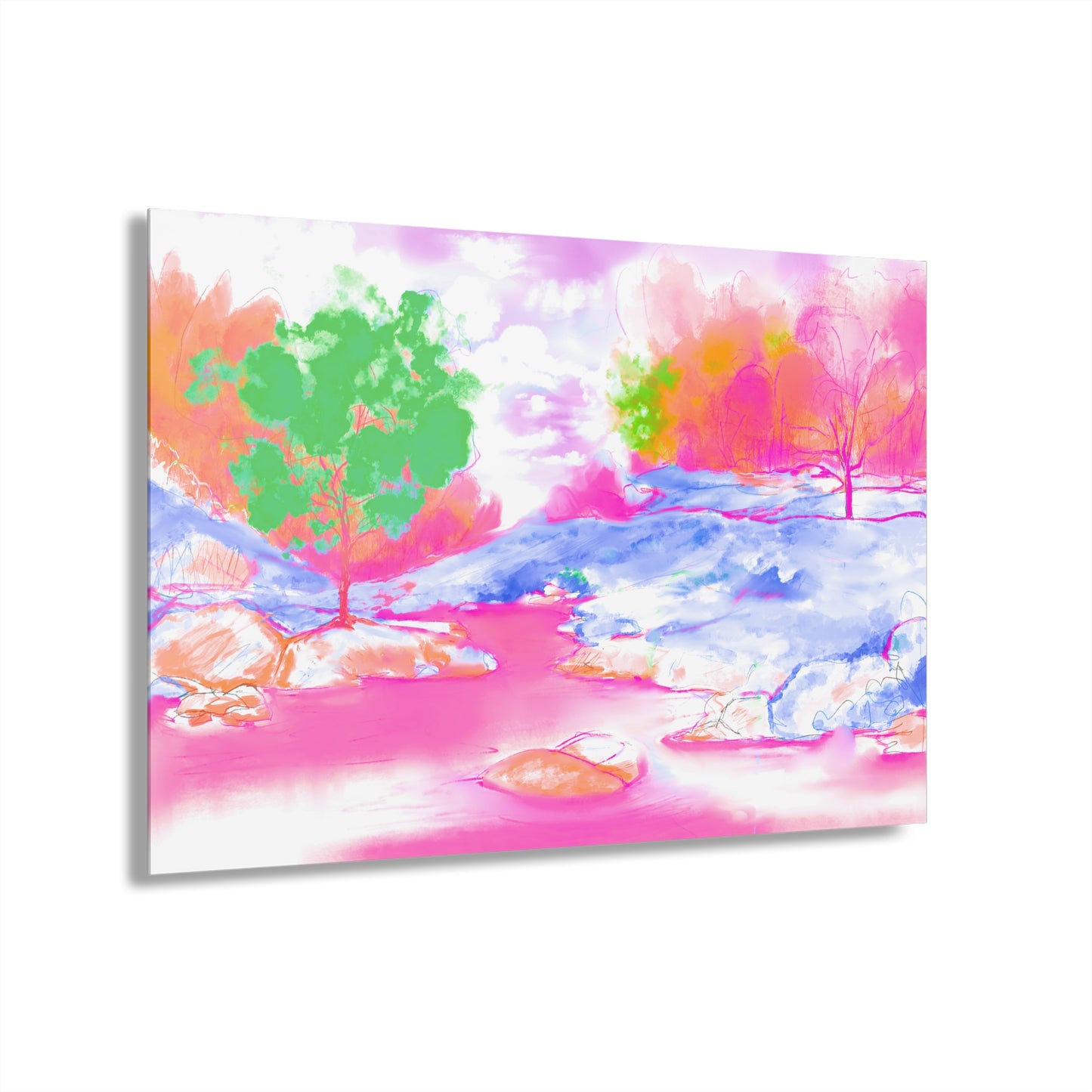 Joyful Landscapes Acrylic Print in Raspberry and Green (French Cleat Hanging)