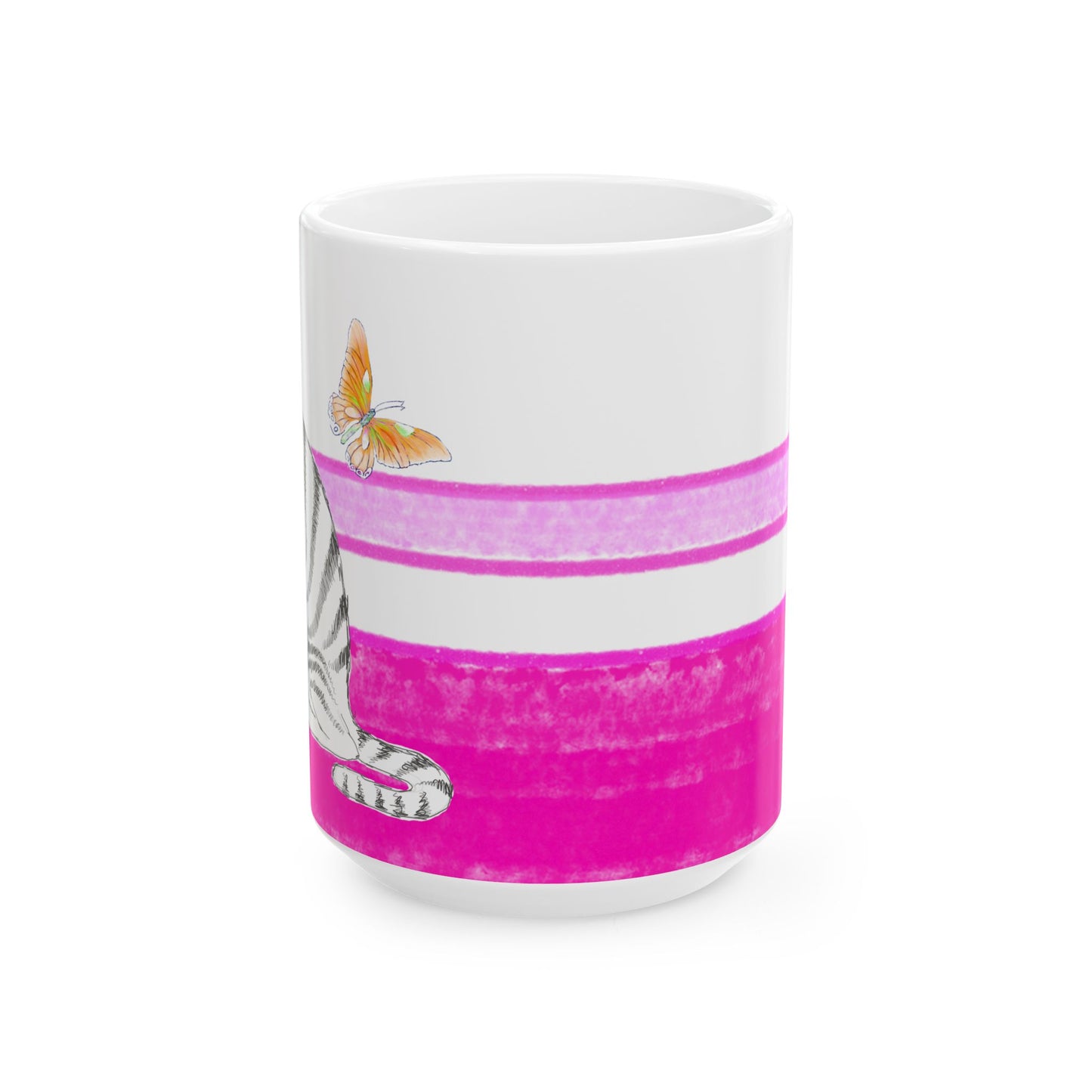 Mega Stripe Kitty Butterfly Flutter Ceramic Mug Raspberry Pink