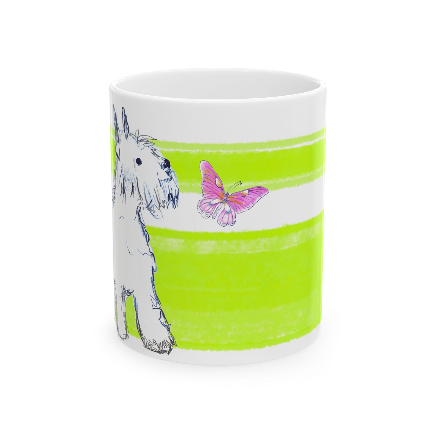 Mega Stripe Dogi Butterfly Flutter Ceramic Mug, (11oz), Lime Schnauzer