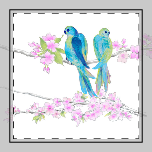 Blossoms & Birds in Blue  Poly Twill Napkin, Background Fabric Bright White