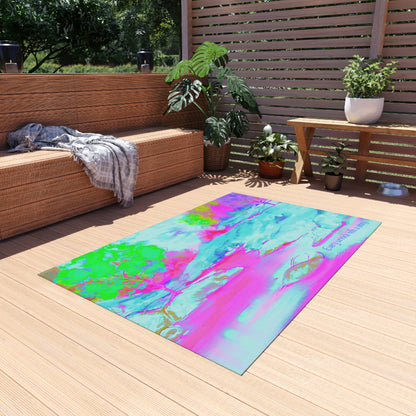 Inspirational Landscapes Indoor/Outdoor Area Rug, " Every Wrinkle tells a Story", Aqua, Raspberry, and Green