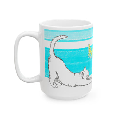 Mega Stripe Kitty Butterfly Flutter Ceramic Mug Aqua