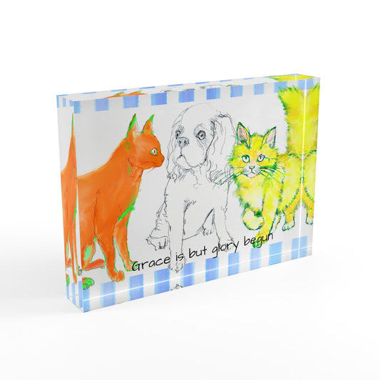 *Colorful Cats & Dogs Acrylic Art Block in Orange and Yellow "Grace is but glory begun"