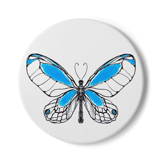 Butterfly Blossom Romp Ceramic Coaster, Blue
