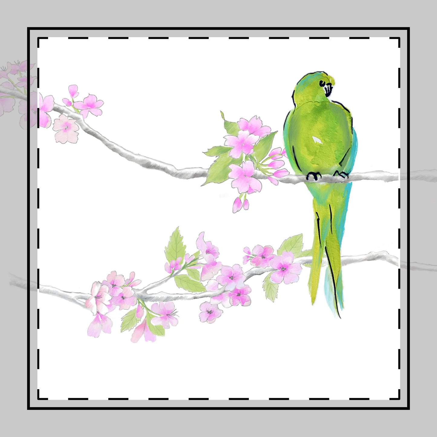 Blossoms & Birds Cotton Twill Napkin Green, Background Fabric Creamy White