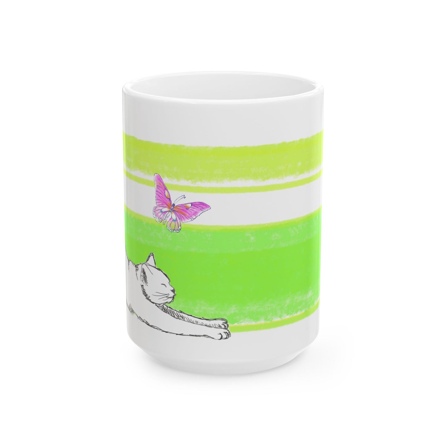 Mega Stripe Kitty Butterfly Flutter Ceramic Mug Yellow Green