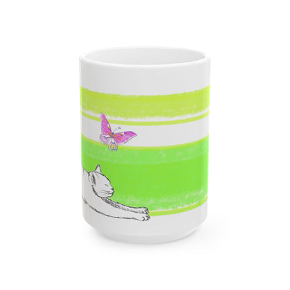 Mega Stripe Kitty Butterfly Flutter Ceramic Mug Yellow Green