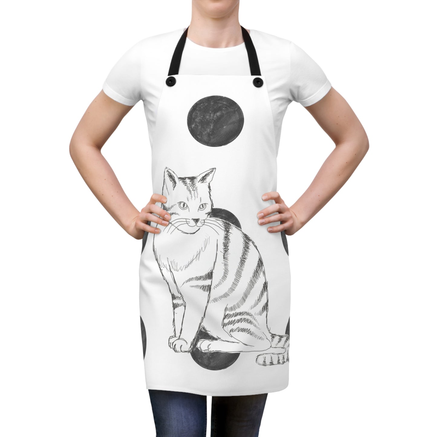 Kitty Fun, Apron, Black Polka Dots