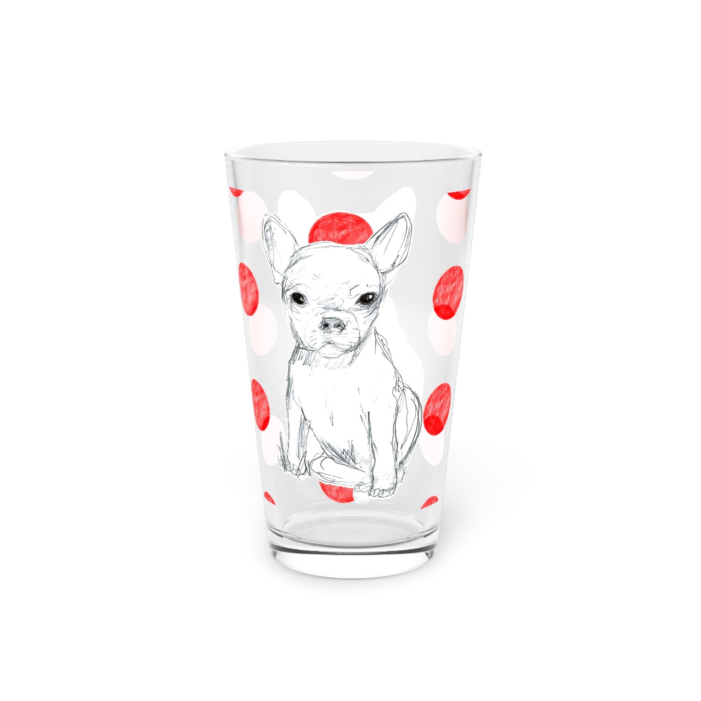Dogi Fun and Polka Dots Pint Glass in Red, Chihuahua, 16oz