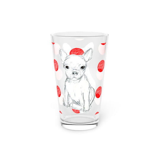 Dogi Fun and Polka Dots Pint Glass in Red, Chihuahua, 16oz