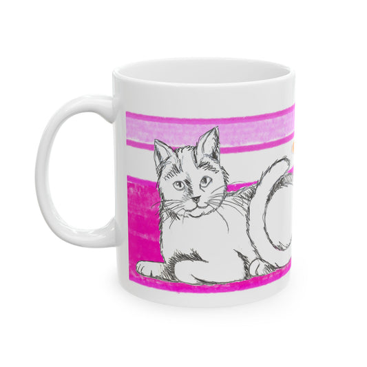 Mega Stripe Kitty Butterfly Flutter Ceramic Mug Raspberry Pink