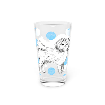 Dogi Fun and Polka Dots Pint Glass in Aqua, Shih Tzu, 16oz