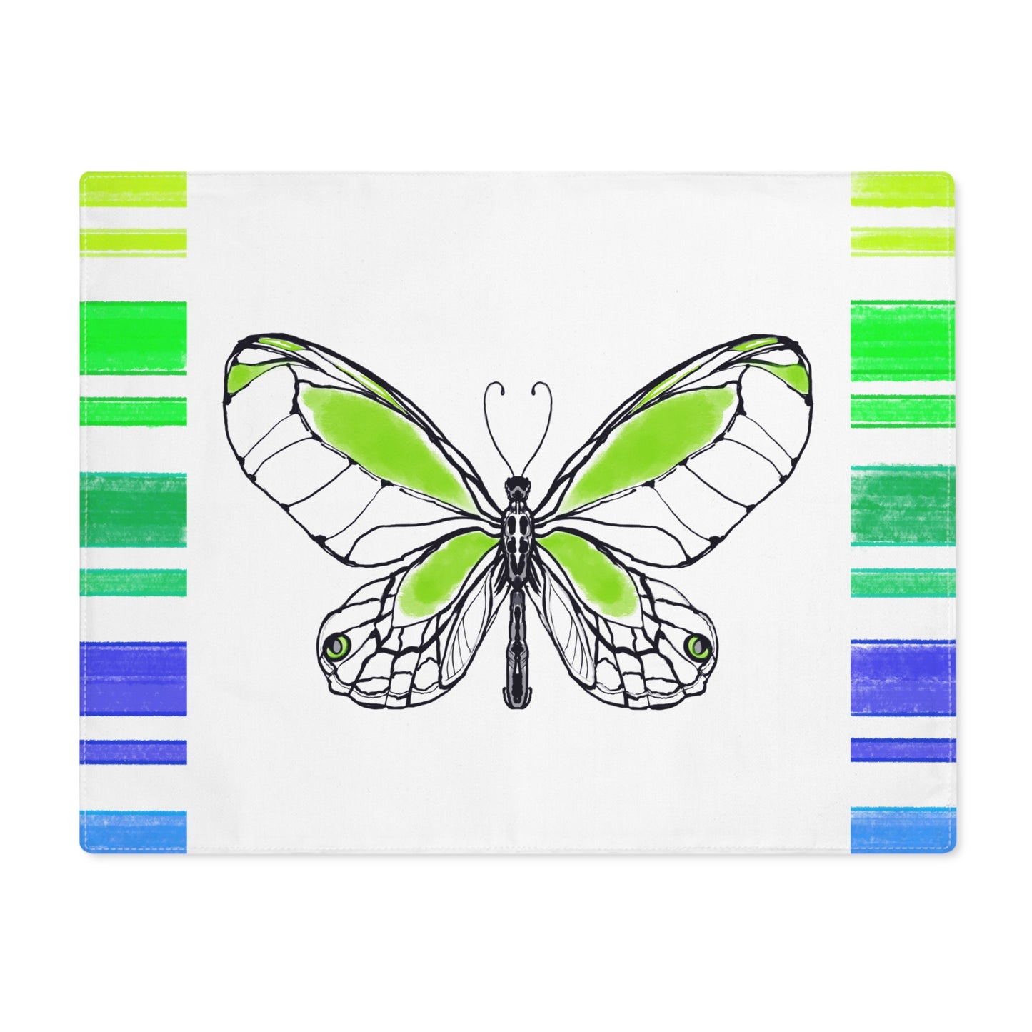 Butterfly Flutterstripe with Multi-color Stripe Border,  Cotton Placemat, Yellow/Green, Fabric Background Creamy White