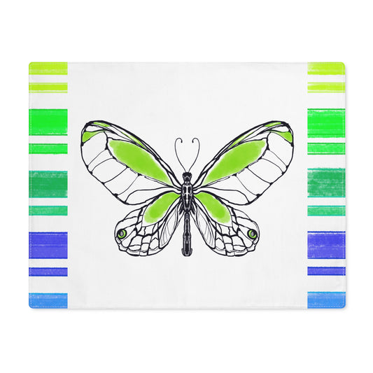 Butterfly Flutterstripe with Multi-color Stripe Border,  Cotton Placemat, Yellow/Green, Fabric Background Creamy White