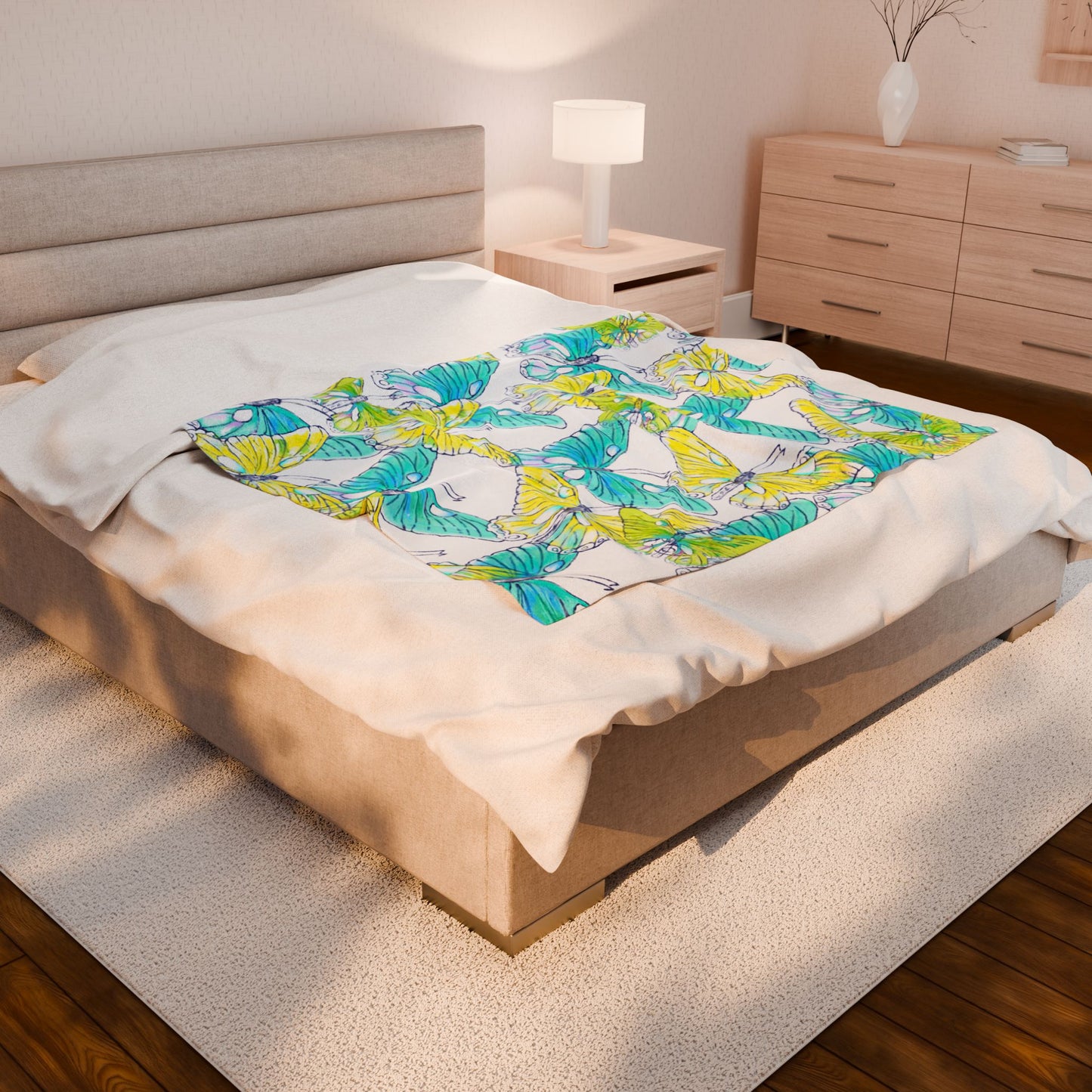 Butterfly Swing Velveteen Plush Blanket, Aqua and Yellow. 50"x 60", 60"x80"