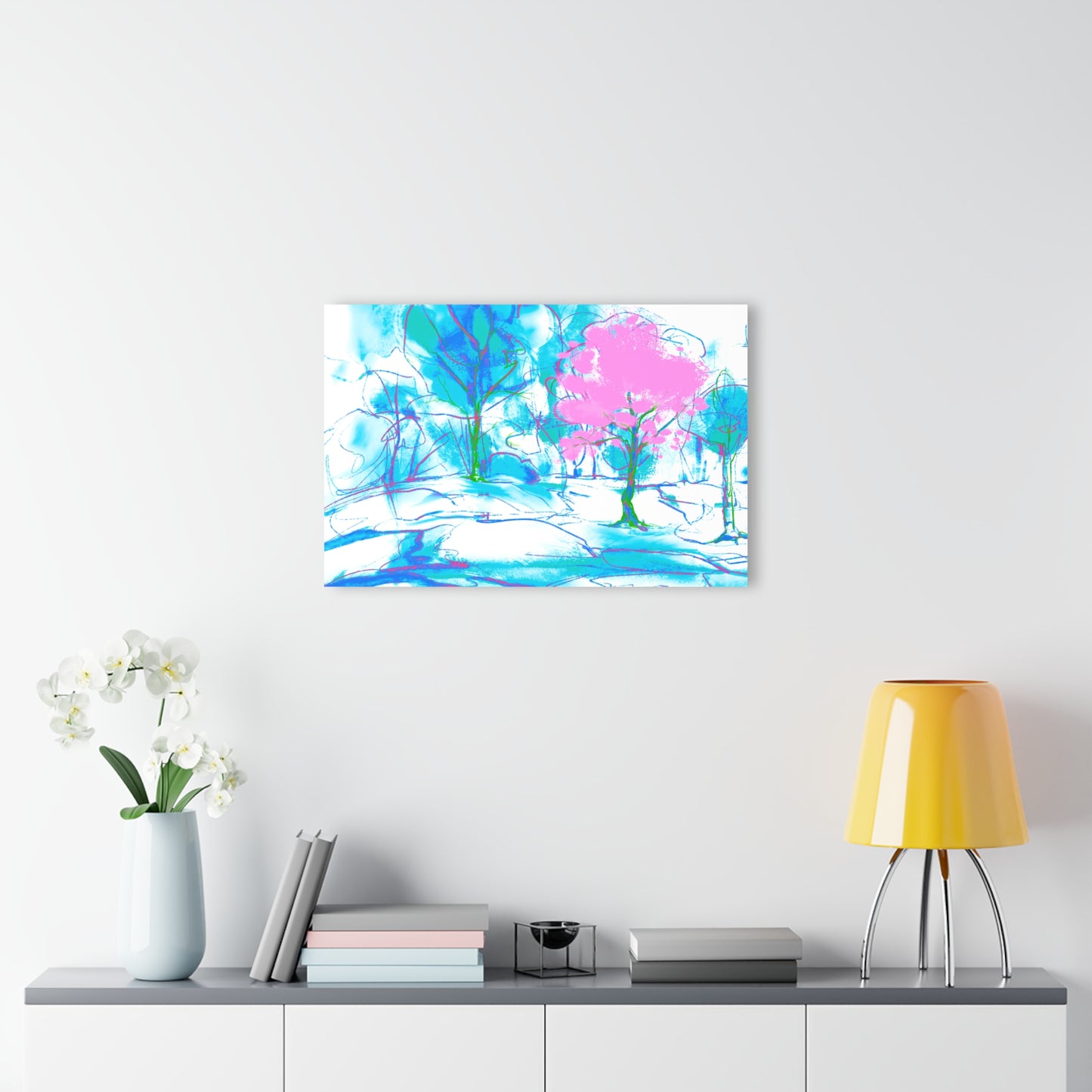 Joyful Landscapes Acrylic Print in Blue and Pink (French Cleat Hanging)