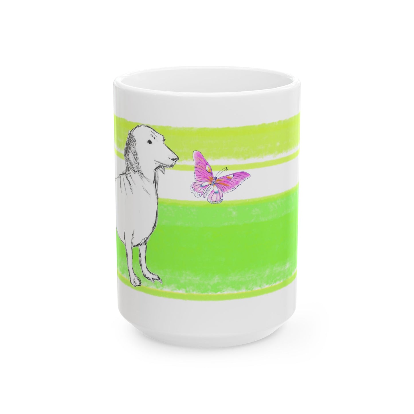 Mega Stripe Dogi Butterfly Flutter Ceramic Mug, (11oz, 15oz) Yellow Green Dachshund