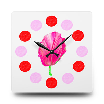 Tulip Love, Acrylic Wall Clock, Pink and Red polka dots tulip