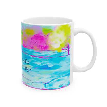 Inspirational Landscapes Ceramic Mug in Yellow, Green, and Blue, "A heart in God's hand need not sigh", 11oz, 15oz.